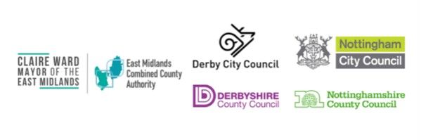Logos for East Midlands Combined County Authority, Derbyshire County Council, Derby City Council, Nottinghamshire County Council, and Nottingham City Council.