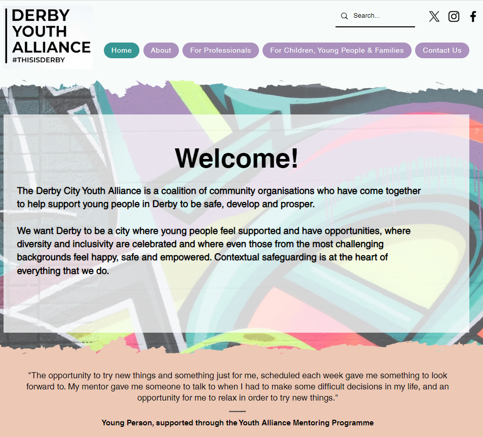 Screenshot of the Derby Youth Alliance website homepage