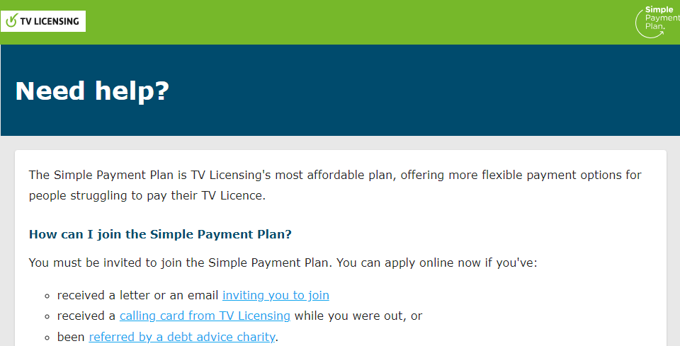 Screenshot of Simple Payment Plan information on the TV Licensing website - see text below for full information